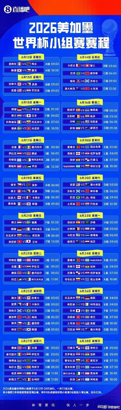 2026世界杯小组赛赛程一览实时赛程官网入口